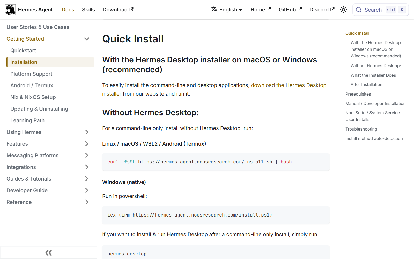 Hermes's official install instructions page