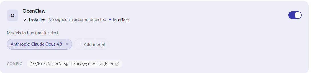 The Buy page with the OpenClaw switch on