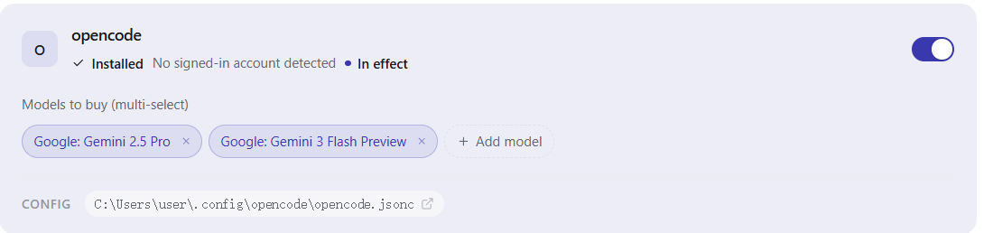 The Buy page with the opencode switch on