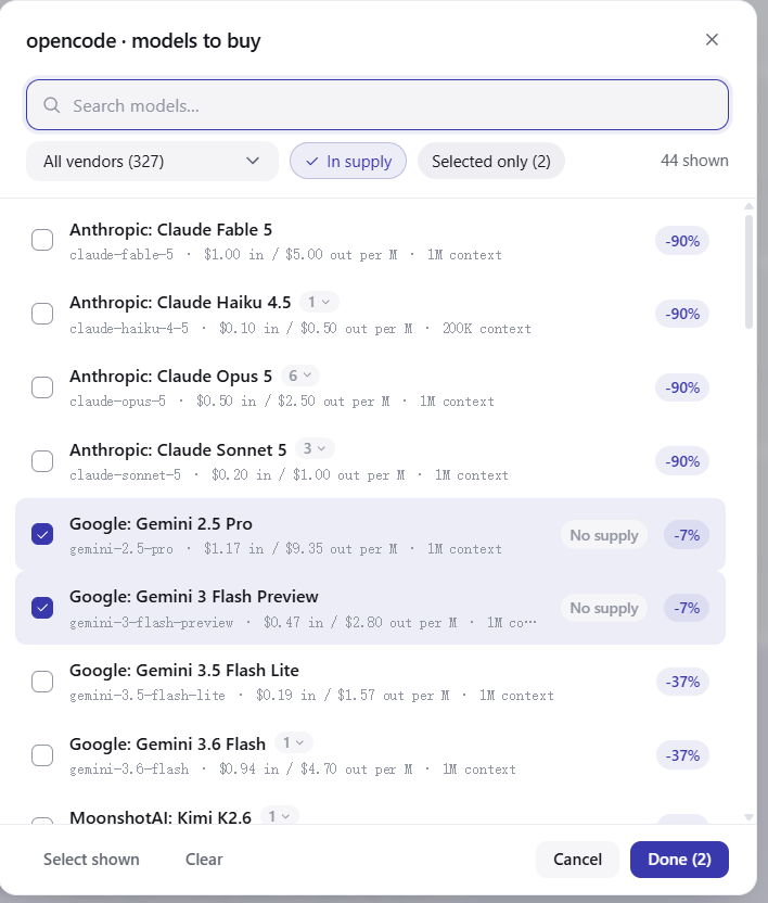 The multi-select model list