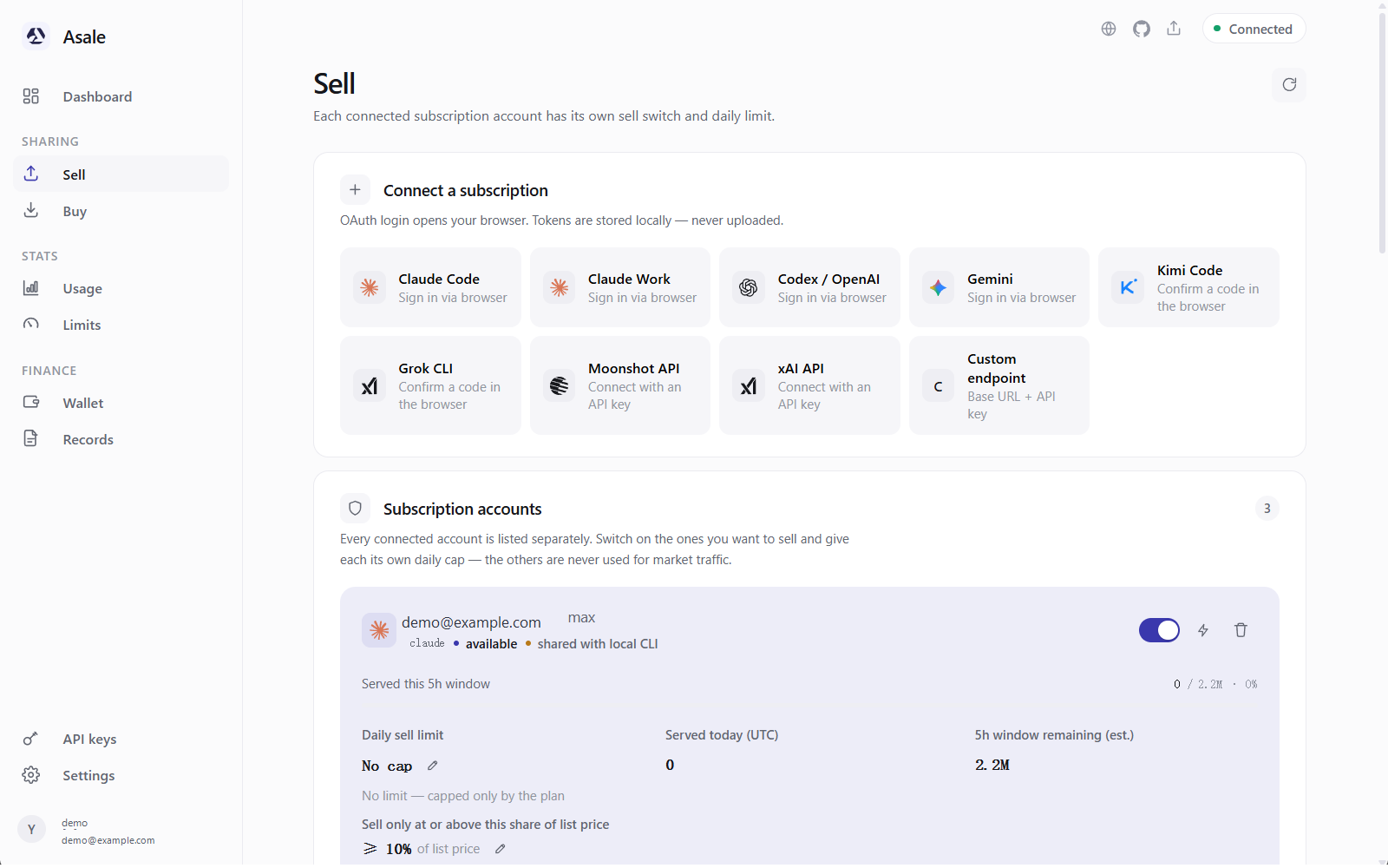 The Sell page, listing accounts imported from local CLIs
