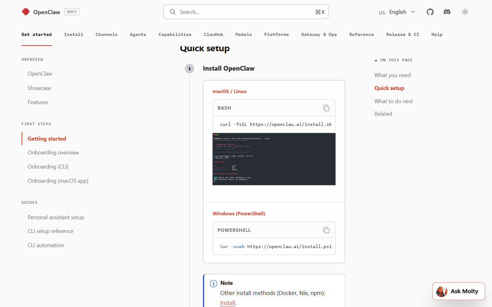 OpenClaw 公式のインストール手順ページ