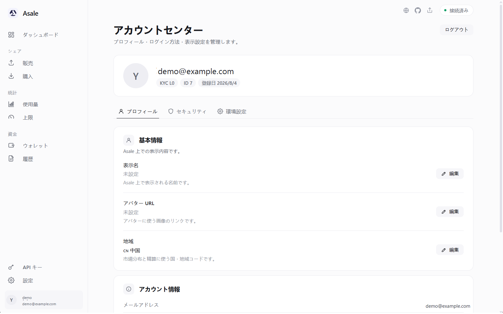 ログイン後のアカウントページ