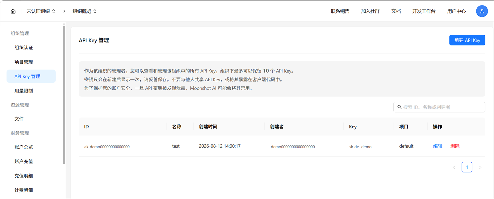 Moonshot コンソールの API キーページ
