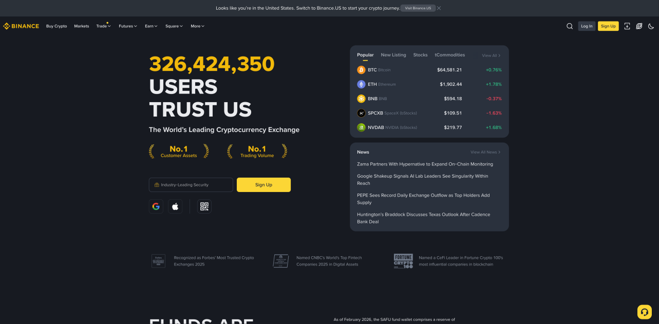 The Binance home page with a region banner across the top