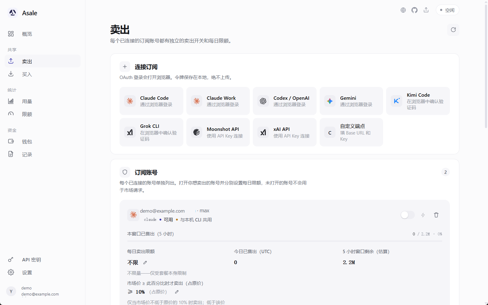 卖出页全貌：上方连接订阅，下方订阅账号列表
