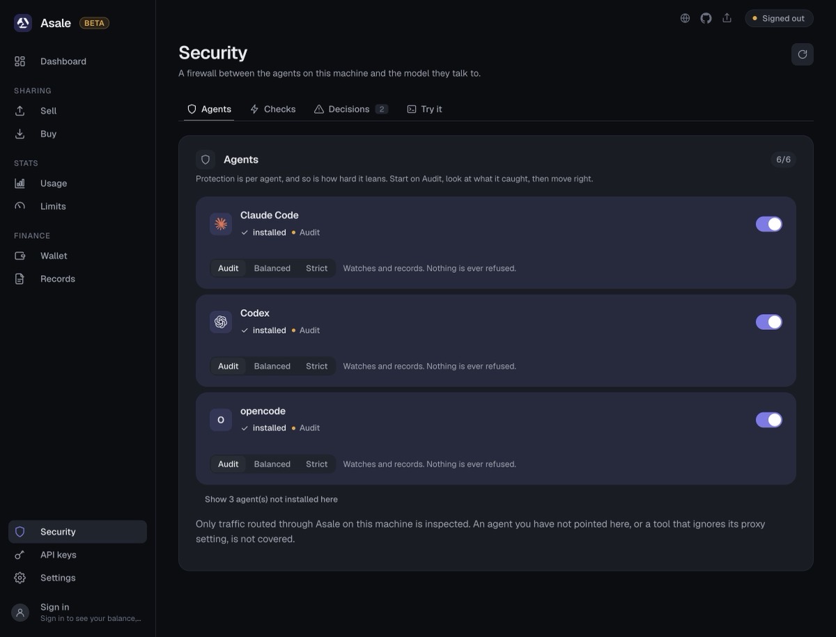 Security → Agents: one switch per agent, and how hard it leans is per agent too. Agents you have not installed are folded away.